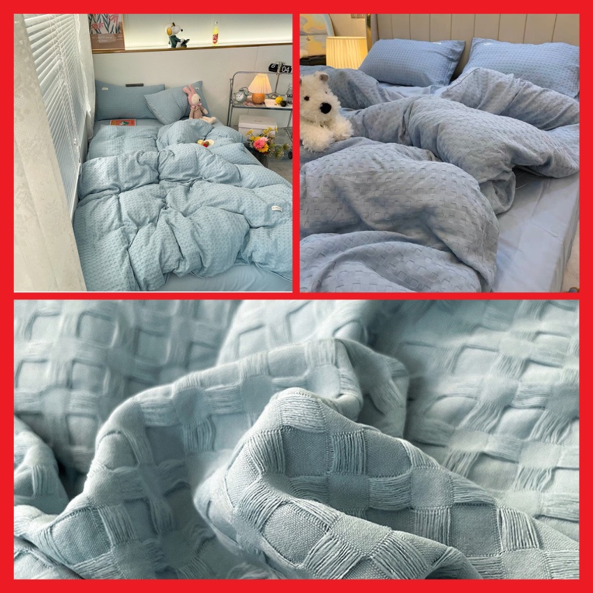 Bộ chăn ga giường cotton Dúm Waffle cao cấp phong cách hàn quốc , set ga giường, Drap chăn ga set 4 món
