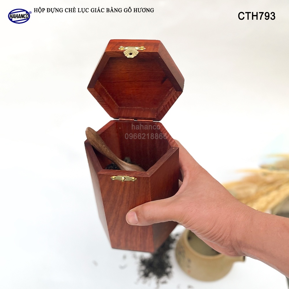 Hộp đựng trà bằng gỗ Hương mặt đục chữ Phúc - hình lục lăng, cafe, decor - CTH793