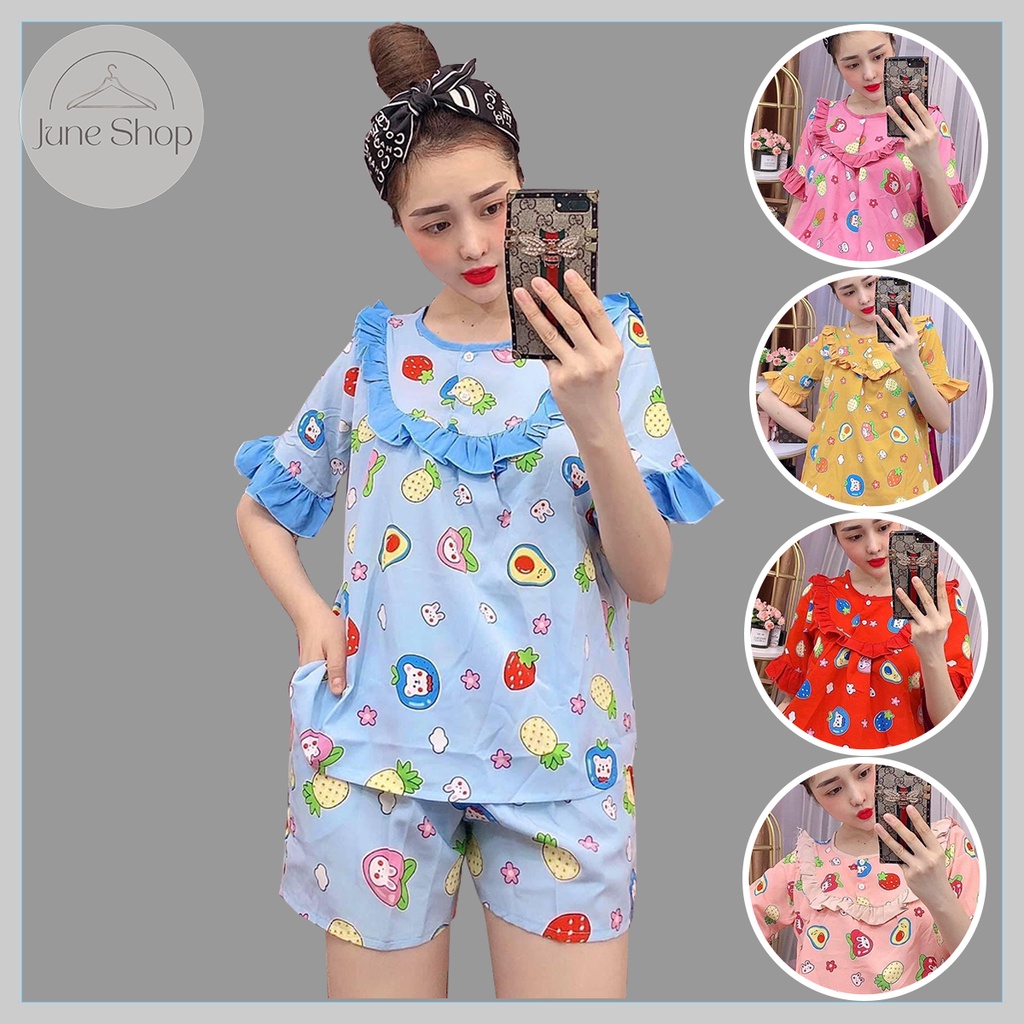 Đồ bộ đùi mặc nhà, đồ bộ mặc nhà nữ quần đùi có túi tay bèo, vải coton thoáng mát hoạ tiết dễ thương giá sỉ - ảnh thật