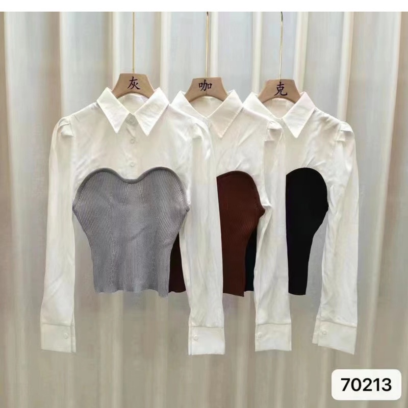 Áo Sơ Mi Giả Hai Lớp Tay Dài Màu Sắc Tương Phản Phong Cách Hàn Quốc