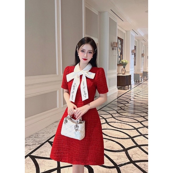 Váy Dạ Đỏ Nơ Trắng Hàng 2 Lớp, Váy Dạ Tweed Cổ Nơ Tiểu Thư