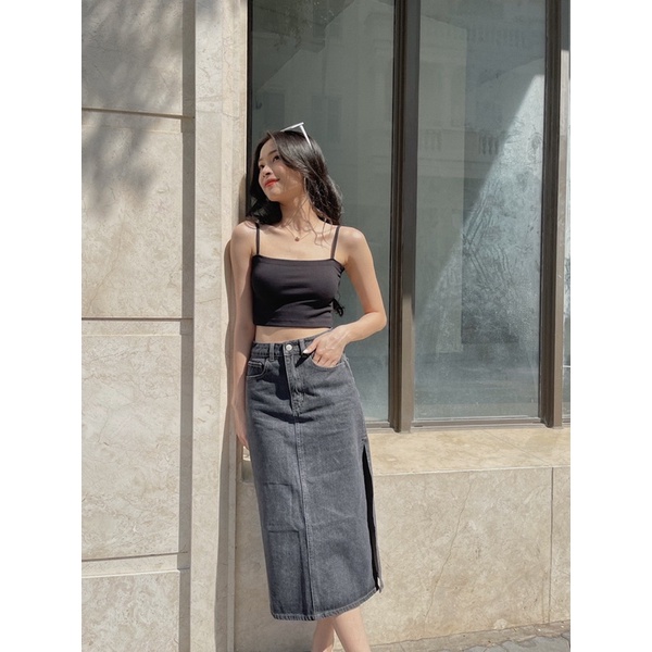 Chân váy jean dài xẻ cá tính đen xám LUCETFASHION Domi Jean Skirt
