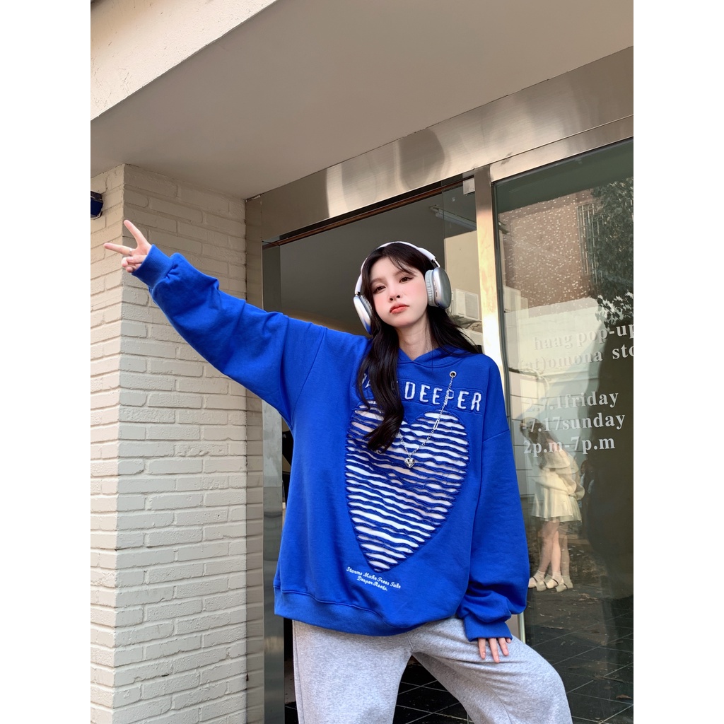 Áo Hoodie Dáng Rộng Thêu Chữ Khoét Lỗ Trái Tim Thời Trang Mùa Thu Mới Cho Nữ