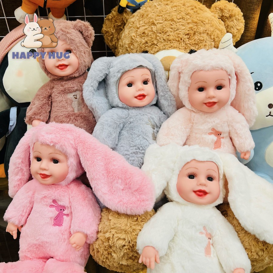 Búp bê em bé mặc áo mũ thỏ, gấu, gấu bông, đồ chơi quà tặng dành cho bé size 35cm - Happy Hug