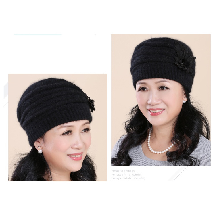 Mũ nồi len lông thỏ gắn hoa đơn phong cách Hàn cho người lớn tuổi, nón len nữ cao cấp
