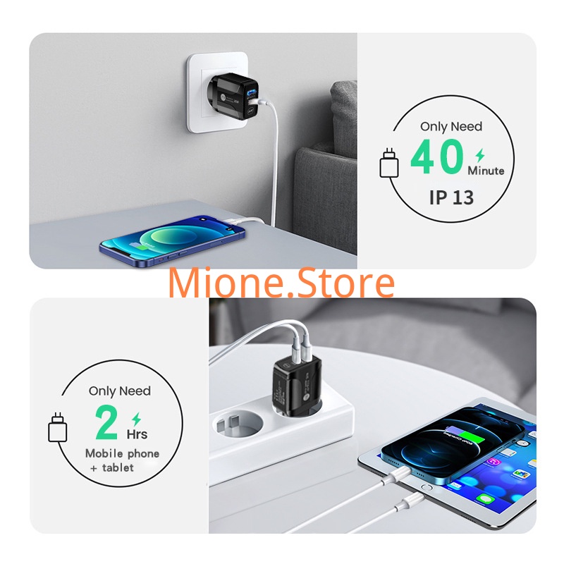 Củ sạc nhanh USB C MIONE 25W 2 cổng USB Type C PD QC 3.0 4.0 20W thích hợp cho máy tính bảng điện thoại Android