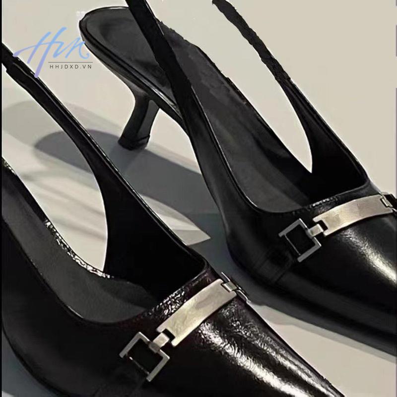 Giày Cao Gót Mũi Nhọn Màu Đen Phong Cách Anh Quốc Thời Trang Xuân Hè 2022 Cho Nữ