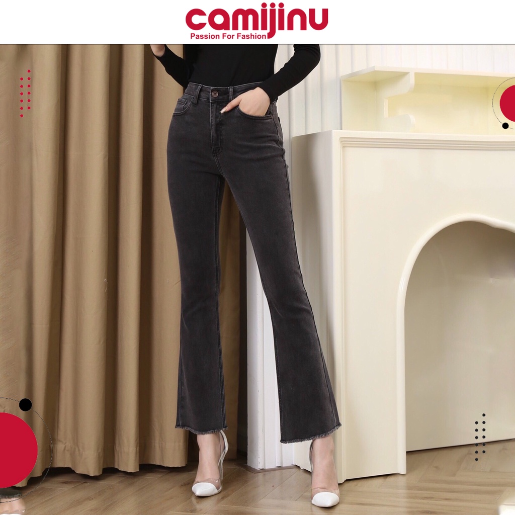 Quần Jeans Nữ Loe Xám Khói Tua Đậm