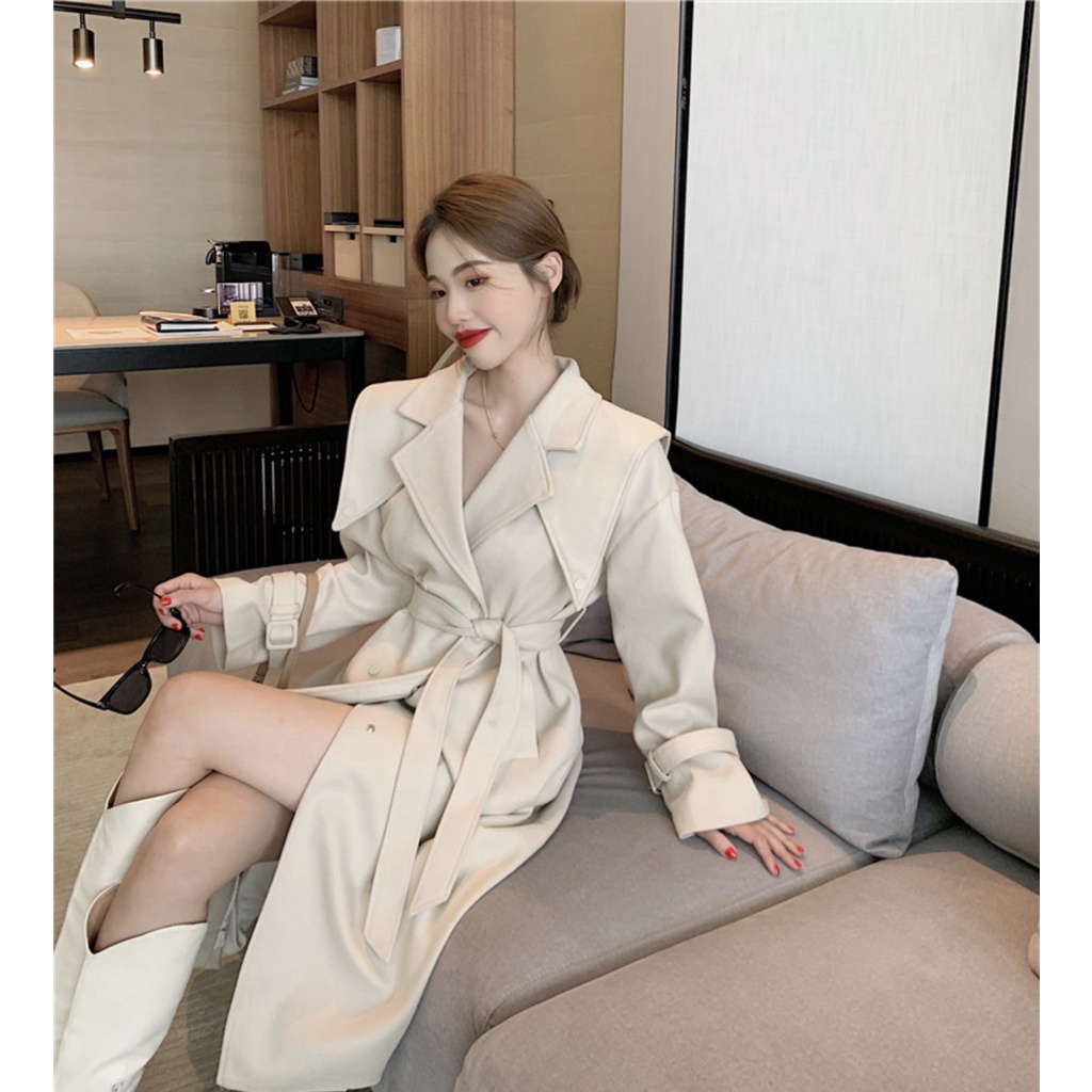 Áo Khoác Măng Tô Dáng Dài Phối Dây Buộc LSEOUL K0240 Dày Dặn Sang Trọng Thanh Lịch