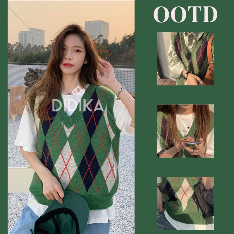 DIDIKA Áo Sweater Dệt Kim Cổ Chữ V Đính Đá Giả Hai Lớp Thời Trang Xuân Thu Phong Cách Nhật Bản Cho Nữ