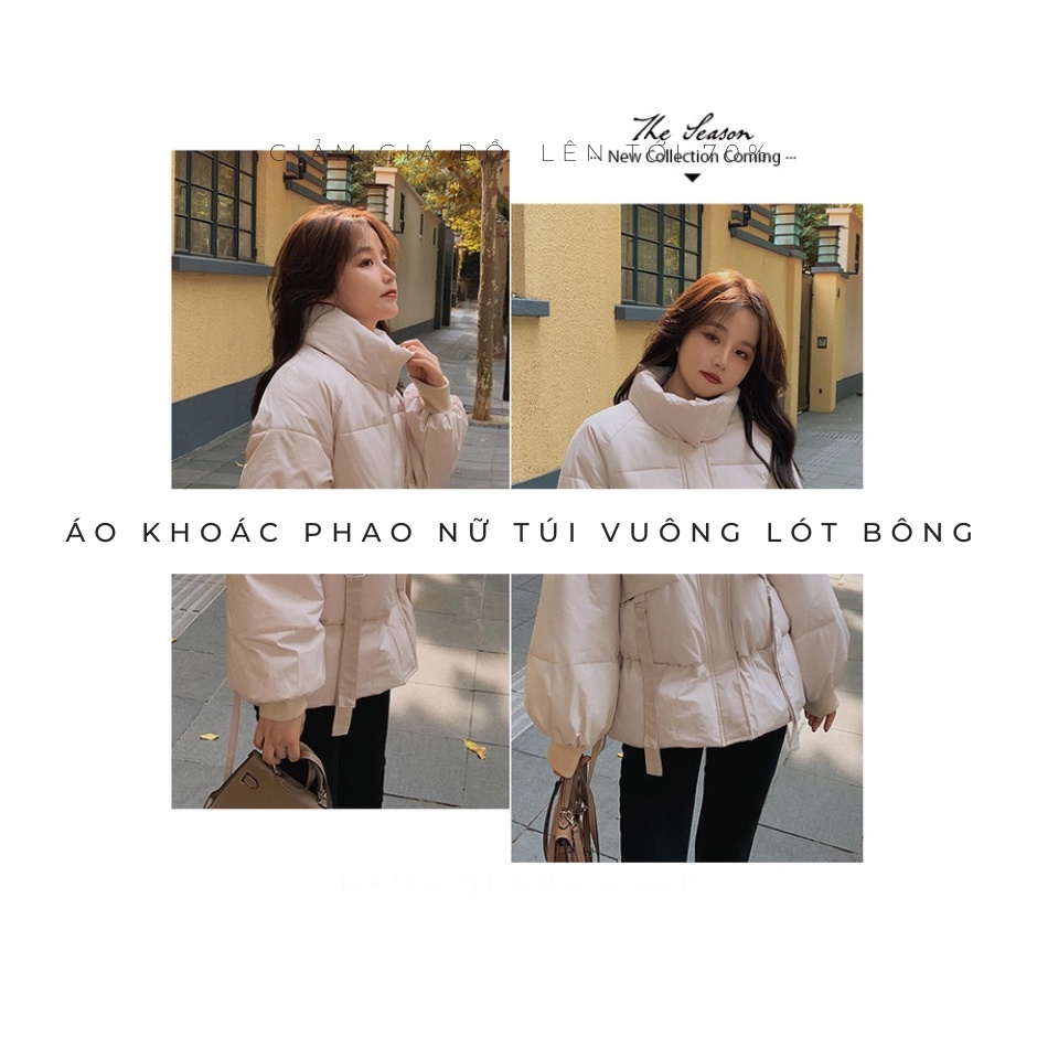 Áo khoác phao nữ túi vuông lót bông dây dút ngang hông 2 màu trắng đen