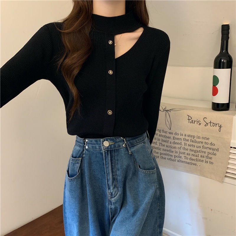 Áo Dệt Kim Mỏng Khoét Lỗ Thời Trang Thu Đông Hàn Quốc Mới Cho Nữ