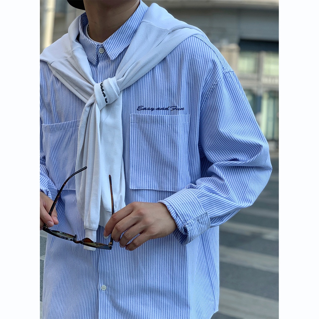 Áo sơ mi kẻ sọc xanh oxford hình thêu nam nữ unisex Alan shirt