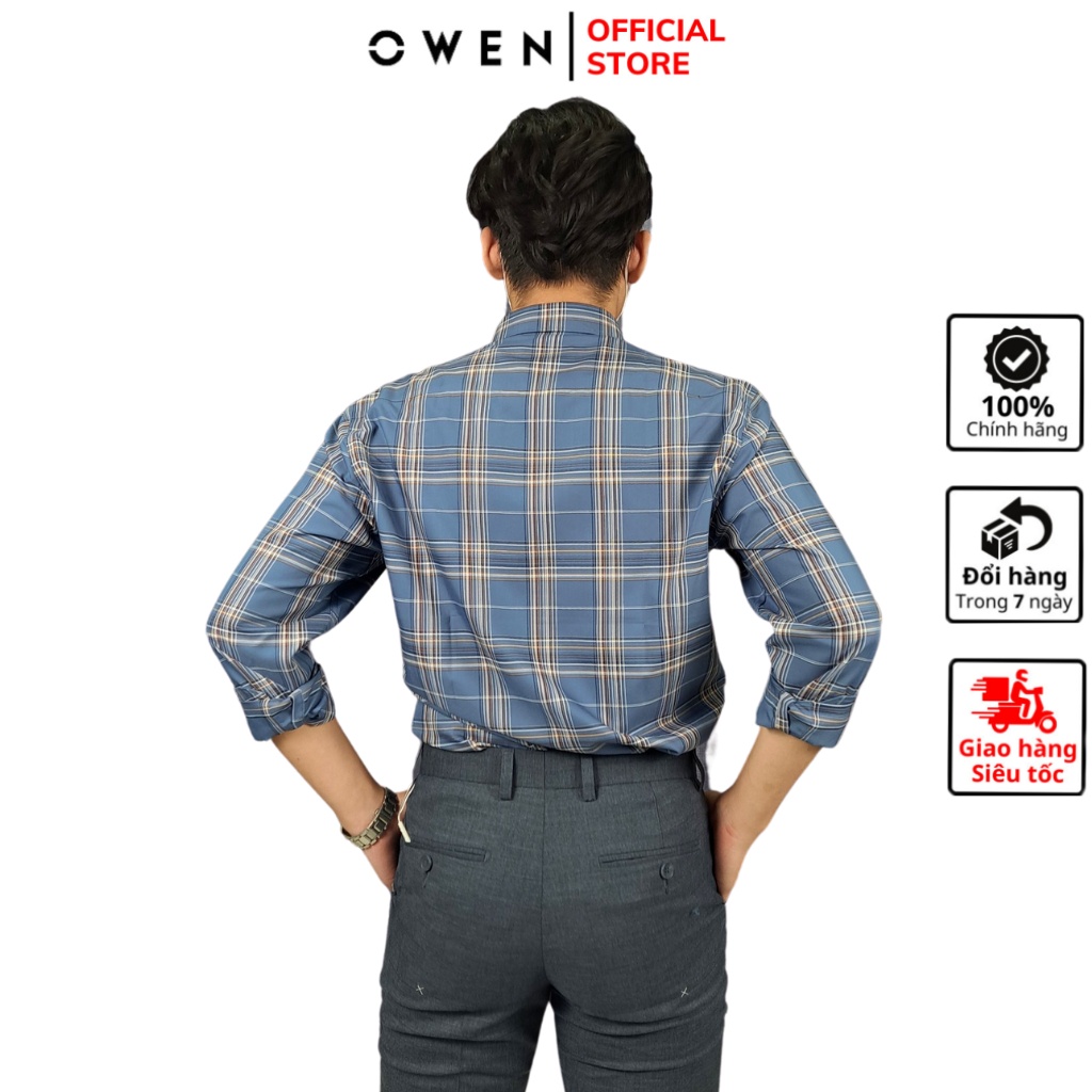 Áo sơ mi dài tay nam OWEN AR220934DT somi công sở vải café cao cấp màu caro lớn xanh navy nâu dáng regular fit có túi