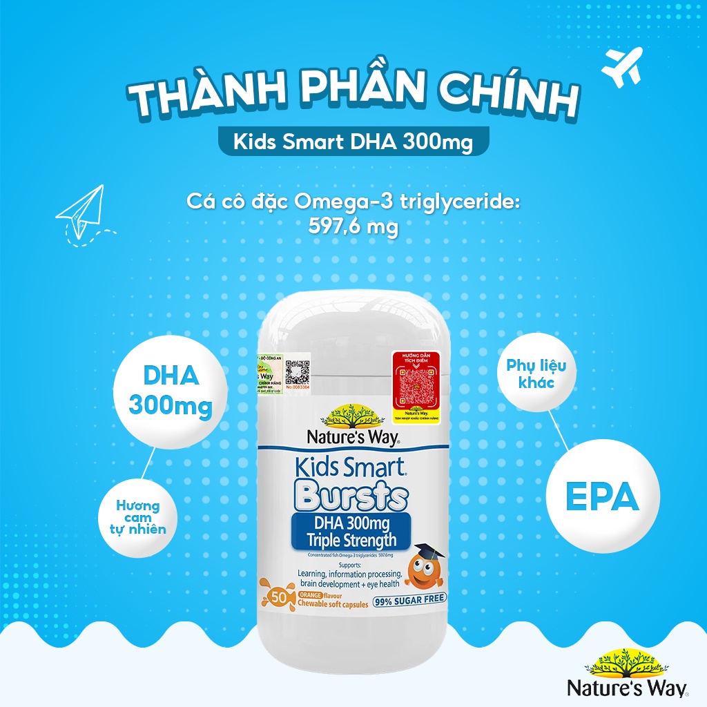 Viên Nhai Nature's Way Kids Smart DHA 300mg Triple Strength Tăng Cường Sự Phát Triển Của Trẻ 50 Viên