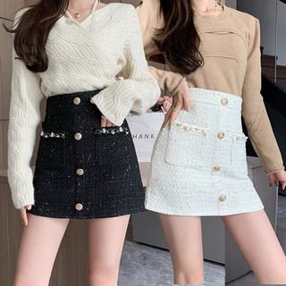 Chân váy dạ tweed nhũ 2 túi dọc cúc to dáng a ngắn