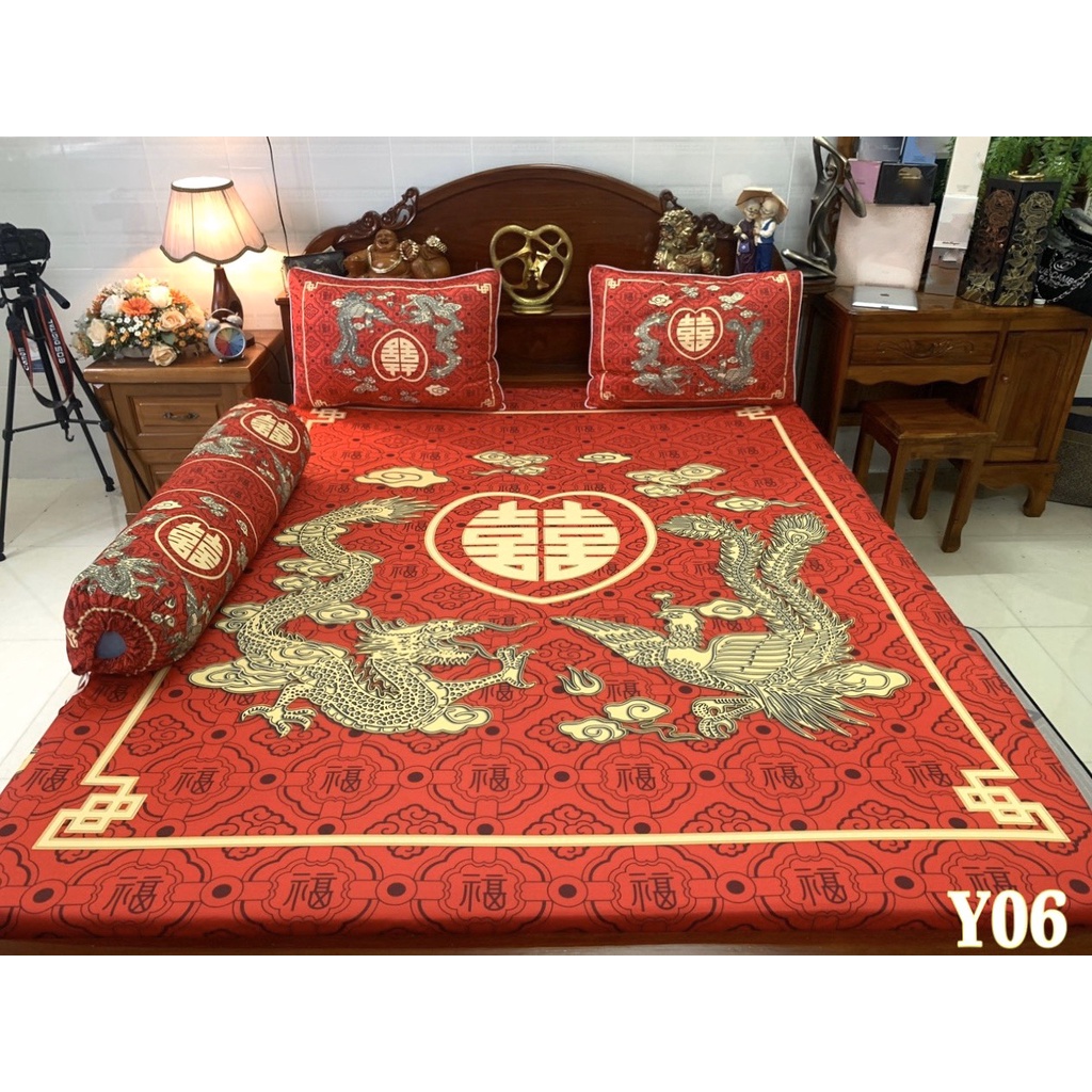 Bô ga cao cấp thun ý lạnh 5D siêu mát mẫu long phụng phòng cưới