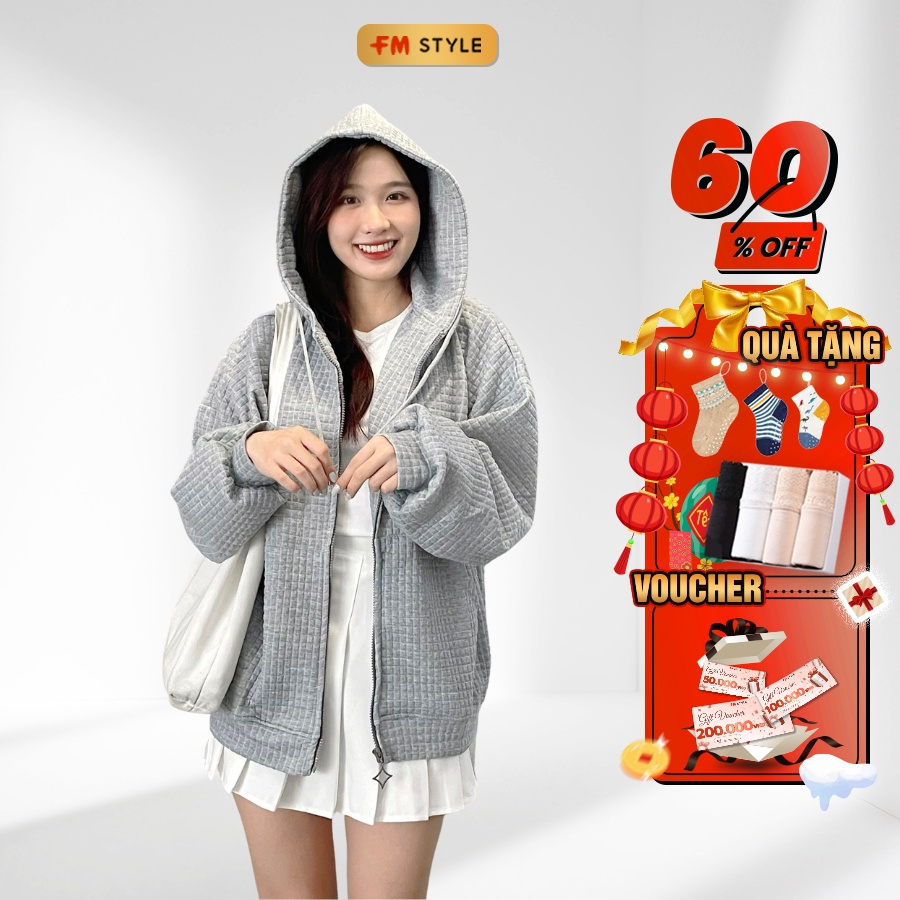 Áo khoác hoodie zip nỉ FM Style form rộng tay bồng basic khoá kéo phối 2 túi có mũ lớn thời trang ulzzang 23030456