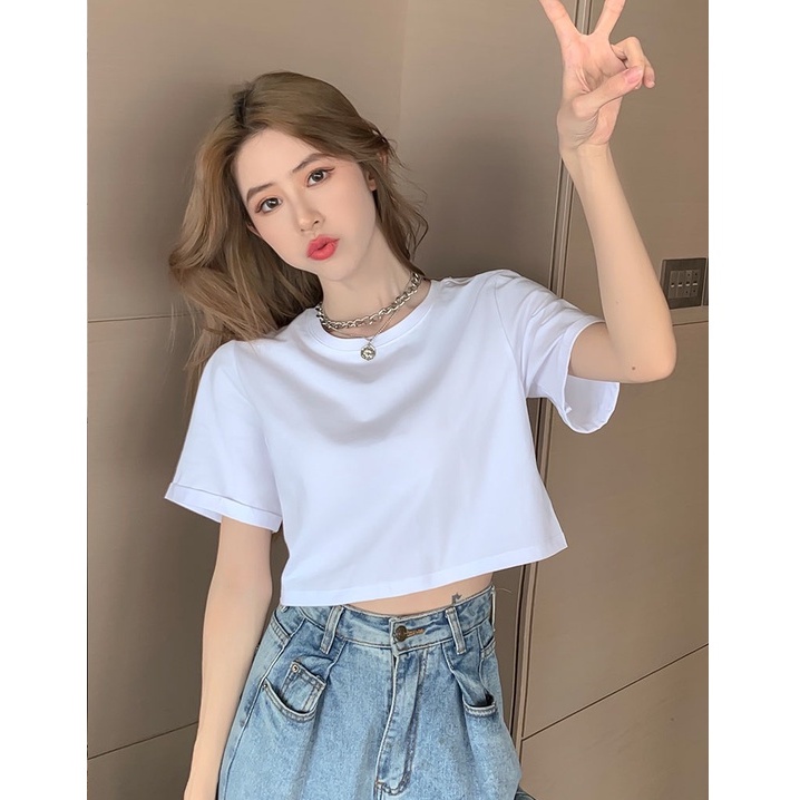 QADCOL Áo Thun Ngắn Tay Dáng Rộng Lưng Cao Gợi Cảm Cho Nữ