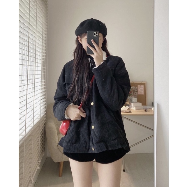 Áo khoác nhung tăm nót lông from rộng over size chất dày dặn 3 màu YANSOO