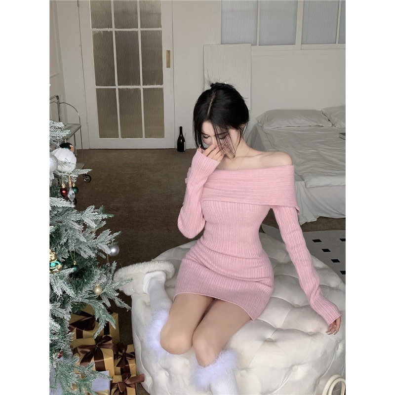 ZHELIHANGFEI Đầm Dệt Kim Tay Dài Trễ Vai Eo Cao Gợi Cảm Phong Cách Pháp Cho Nữ