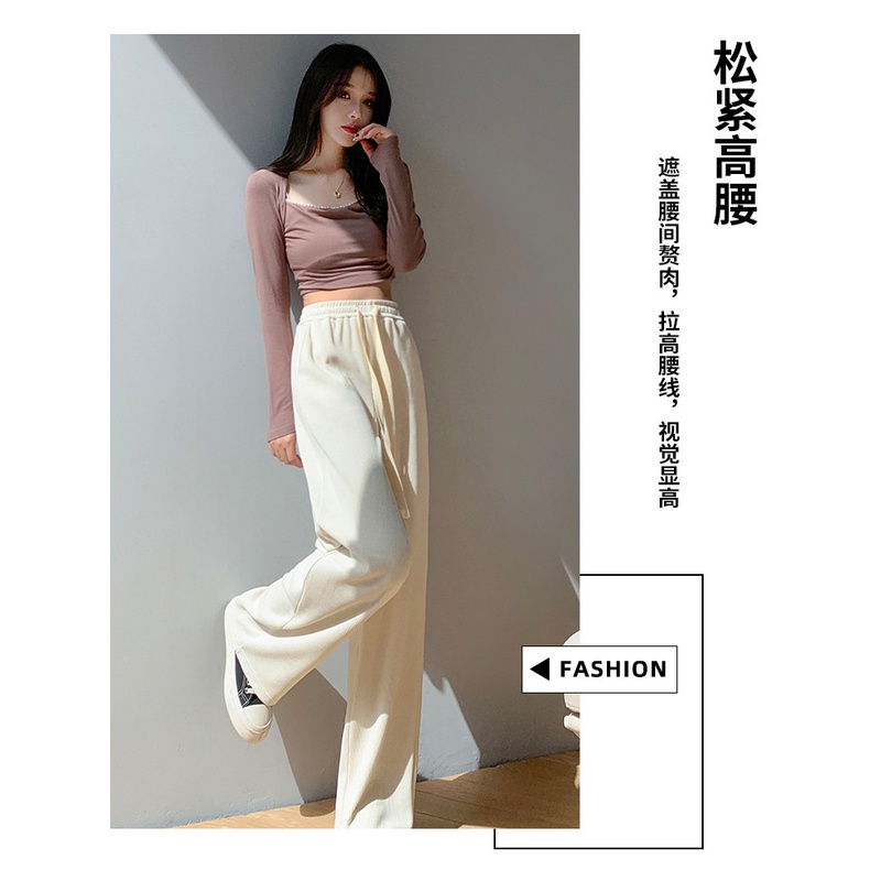 Quần nhung dài Ống rộng nữ Dây rút Lưng cao Hack dáng Hàn Quốc Quần nhung Be Cạp cao Ống rộng Thời trang Tôn dáng