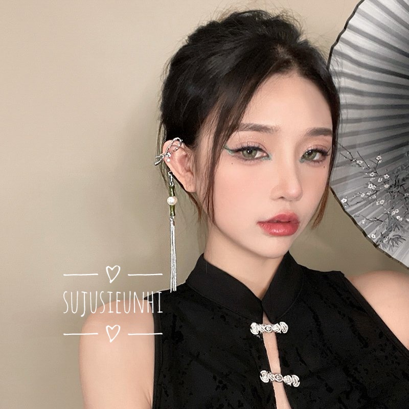 (KHÔNG XỎ) khuyên tai cài vành hình ống tre tua dài cổ phong