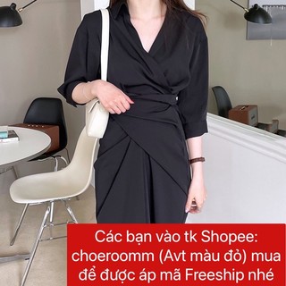 Đầm sơ mi chic công sơ xoắn eo hai màu đen mơ Hàn Quốc