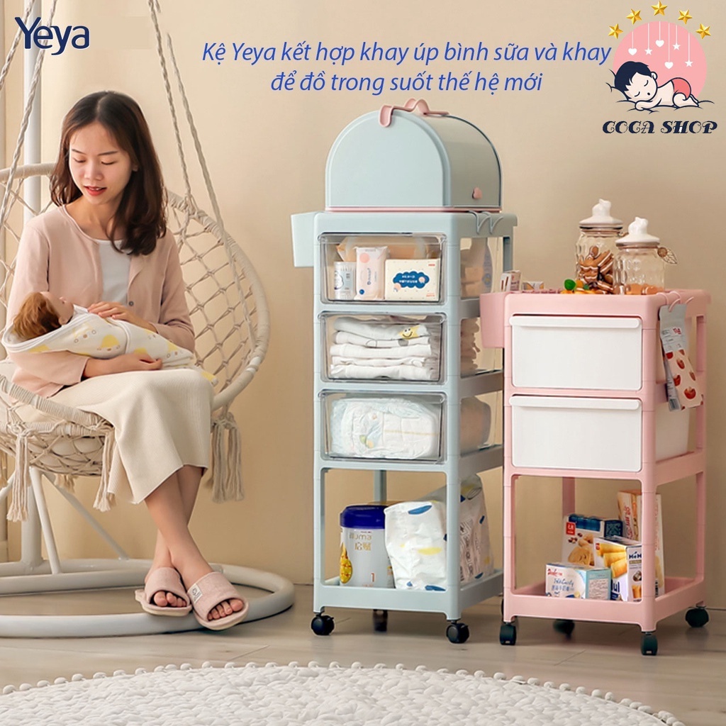 Kệ để đồ sơ sinh đa năng Yeya kết hợp giá úp bình sữa có bánh xe 4 tầng siêu tiện lợi cho bé