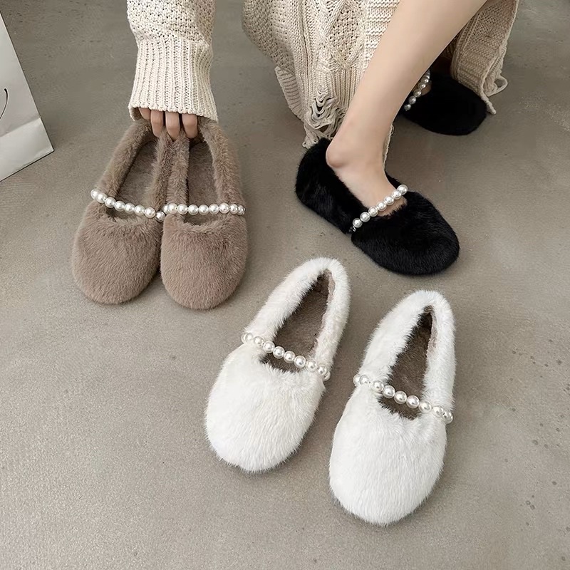 Giày sục lông mềm mùa đông kết hợp quai ngọc đế bệt Aimee closet