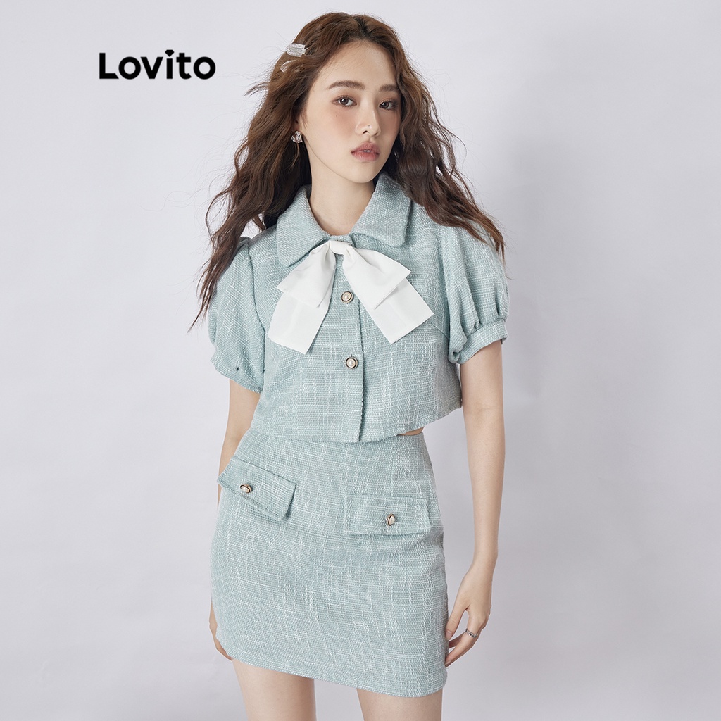 1104de-Lovito Bộ váy nữ có nút thắt nơ trơn giản dị L39AD057 (Xanh lam)