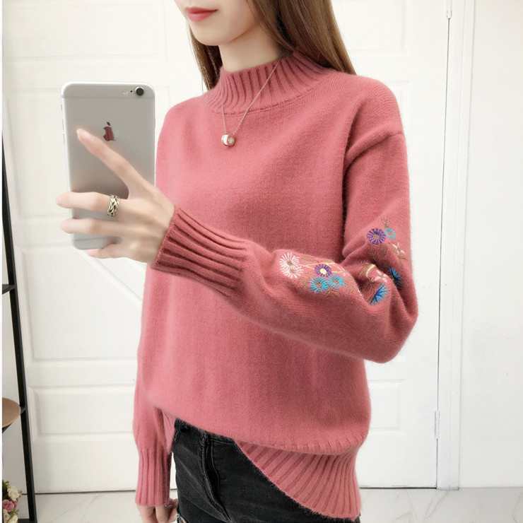 Áo Sweater Dệt Kim Cổ Lọ Thêu Hoa Thời Trang Thu Đông Cho Nữ