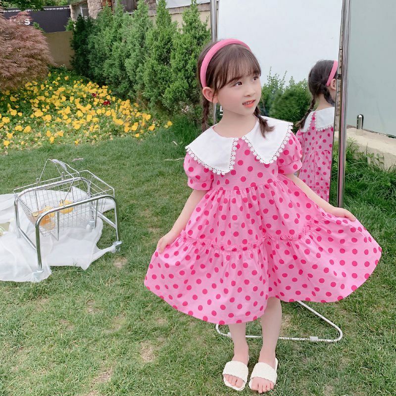 VÁY BABYDOLL CÔNG CHÚA CHẤM BI HỒNG VÀ XANH PHỐI CỔ TRẮNG