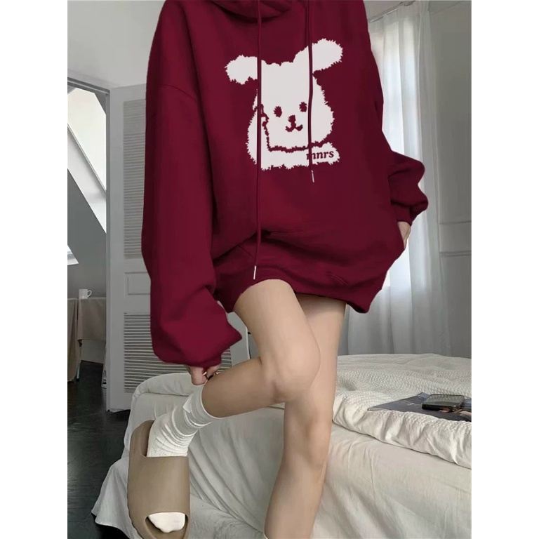 Áo Hoodies Nữ In Thỏ Vải Nỉ Mềm Có Nón 2 Màu Đen Đỏ Mặc Đẹp NEW UNISEX