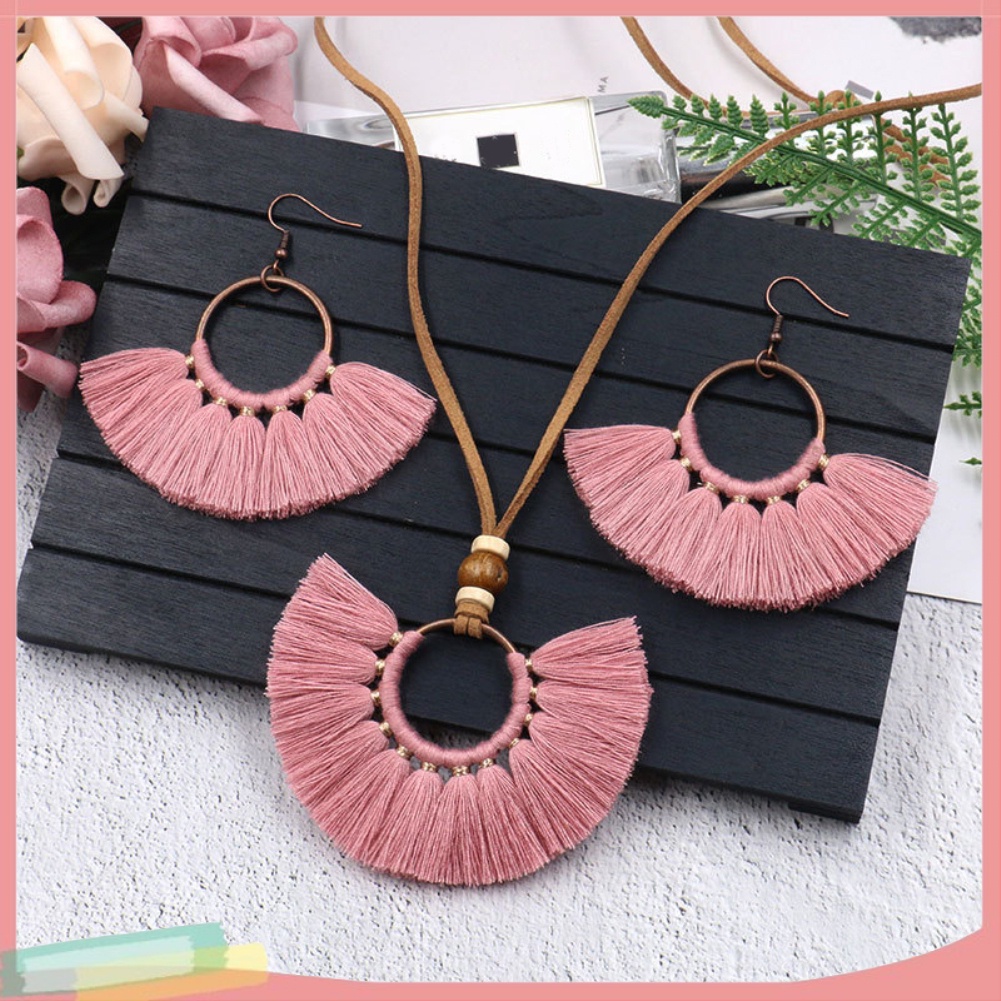 Bộ vòng cổ + Bông Tai Dạng Tua Rua Phong Cách Bohemian