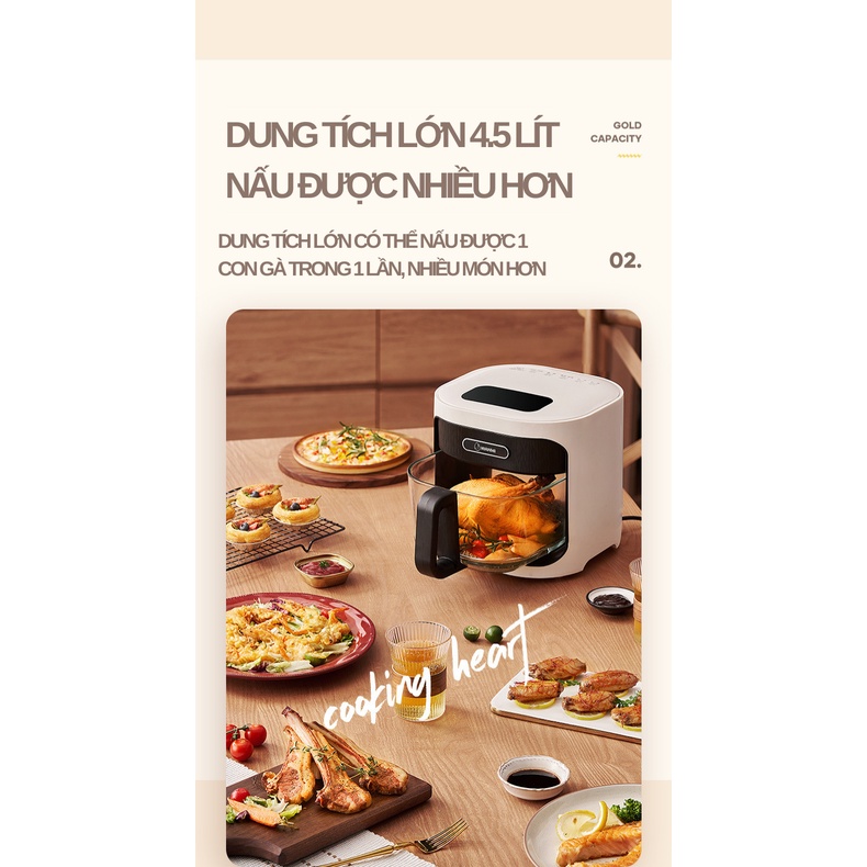 Nồi chiên không dầu Xiaomi Wanmi 4,5 lít , khoang nấu thủy tinh cao cấp, nhiệt độ 3D.