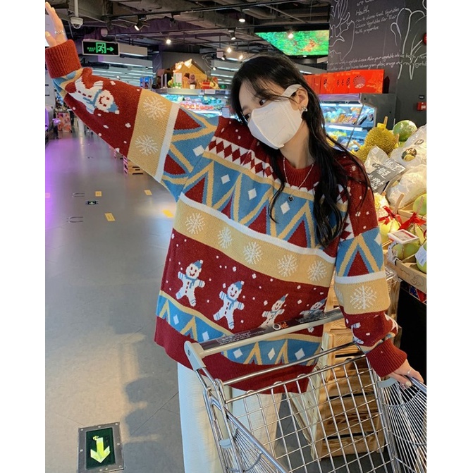 Áo sweater Dệt Kim Tay Dài Cổ Tròn Thời Trang Giáng Sinh Phong Cách Hàn Quốc Cho Nữ