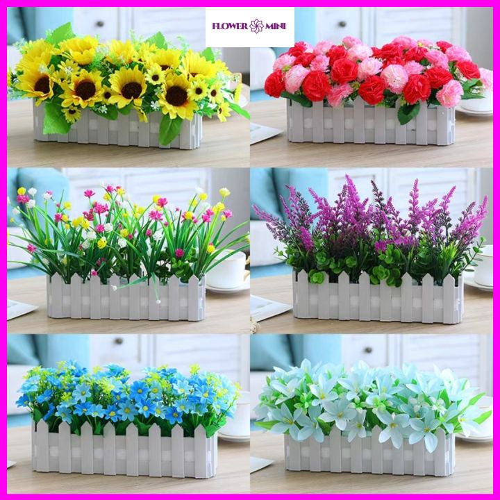 Giỏ cây hoa giả hàng rào gỗ nhiều mẫu trang trí nhà cửa, ban công, decor quán cà phê, nhà hàng độc đáo Flowermini