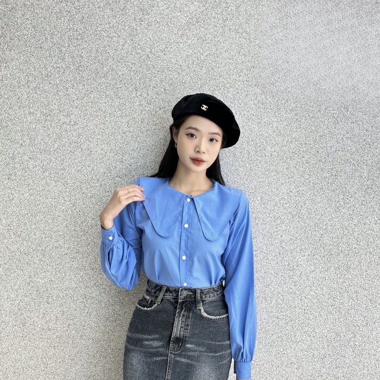 Áo sơ mi cổ sen bản to chất liệu lụa thô, thời trang nữ công sở lịch sự