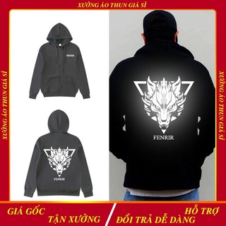 Áo Hoodie Nam form rộng có dây kéo in phản quang Sói Fenrir, Áo khoác nỉ có nón chống nắng.