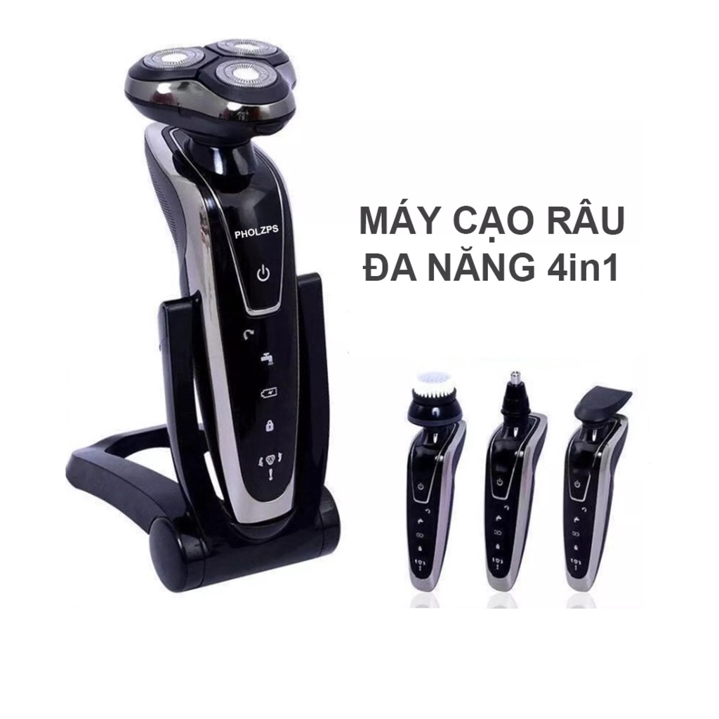 Máy Cạo Râu Đa Năng 4 In 1 Hàn Quốc Cao Cấp Pholzps Tông Đơ Cắt Tóc Tỉa Lông Mũi Massage Mặt Chống Nước IPX7 Thay Lưỡi