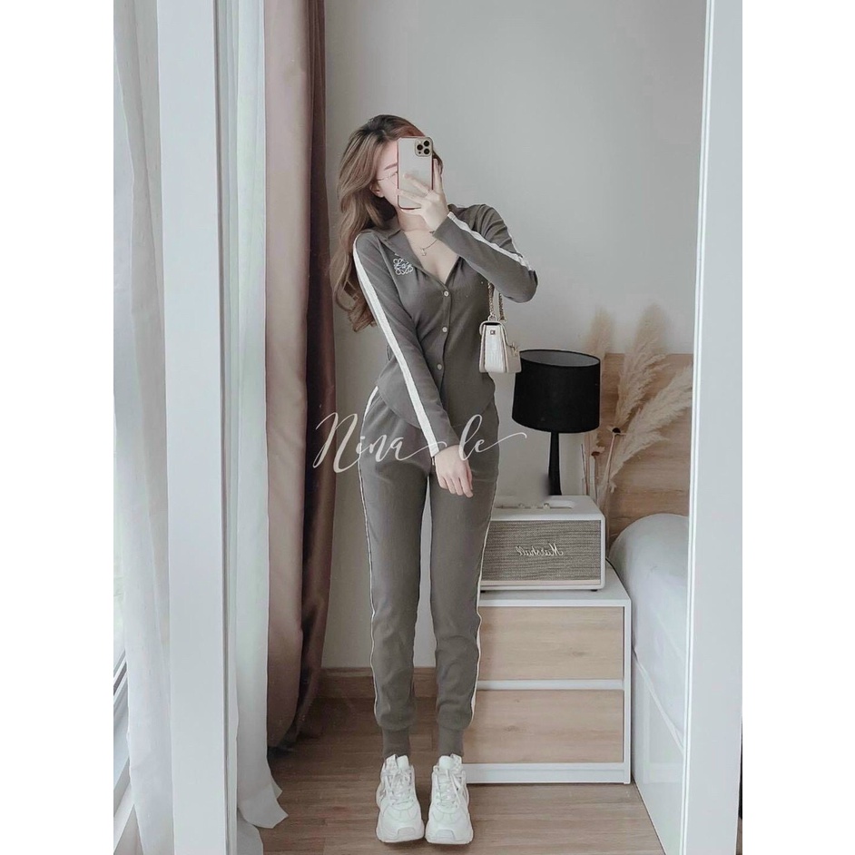 [12.12 Sales Freeship] Set bộ thể thao nữ, set áo tay dài gài nút có nón kèm quần ống túm phối viền trắng đi chơi cátính