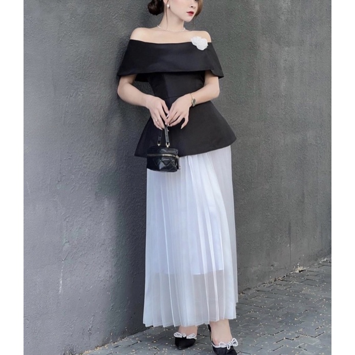 🍊ẢNH THẬT🍊Set áo peplum trễ vai kèm chân váy midi xếp li cực xinh 🍒CÓ SẴN🍒