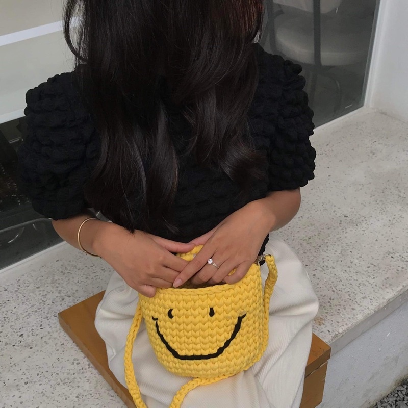 TÚI LEN HANDMADE MĂT CƯỜI . KÈM DÂY ĐEO CHÉO