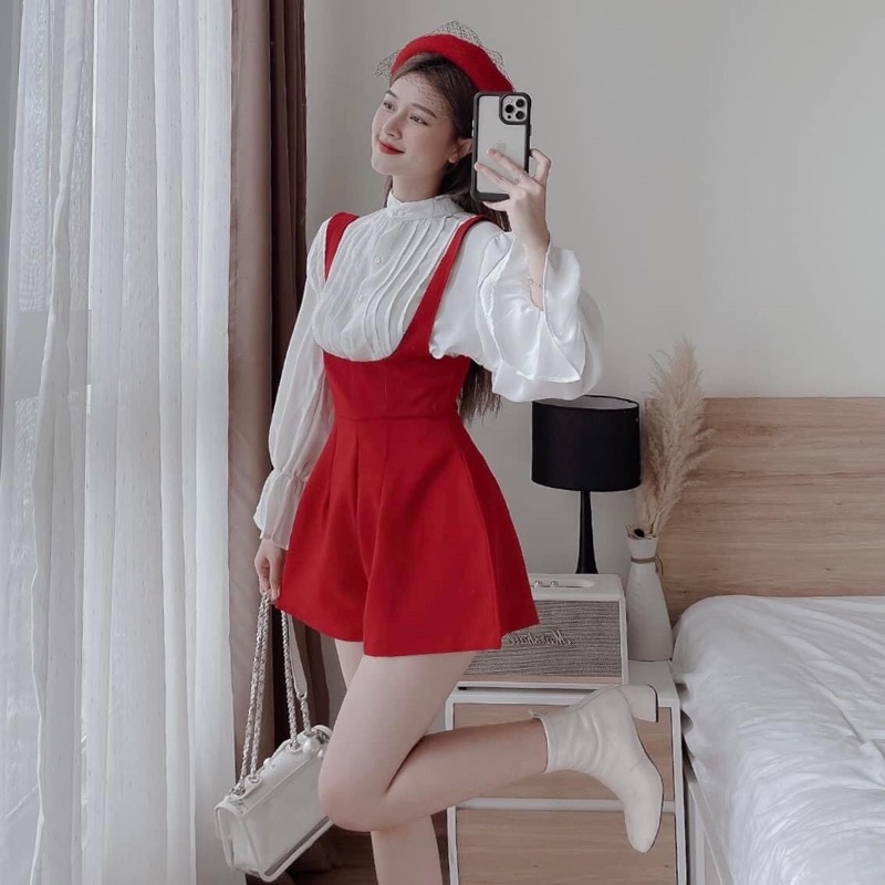 Bộ áo sơmi tiểu thư tay bồng kèm yếm đỏ shop nina le