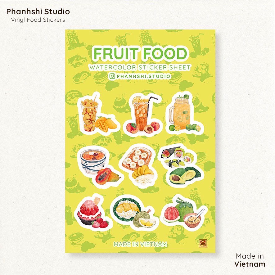 Tấm Sticker Fruit Food Kích Thước 9x13,5cm In Từ Tranh Vẽ Tay Màu Nước