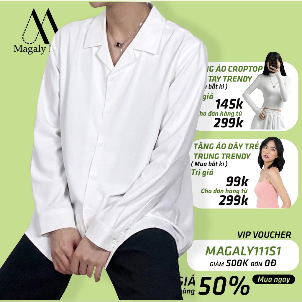 Áo Sơ Mi Nam Nữ Unisex DÀI TAY CỔ VEST TRƠN Form Rộng Cotton Lụa Dáng Hàn Quốc - Kiểu áo sơ mi nam tay dài Magaly Korea