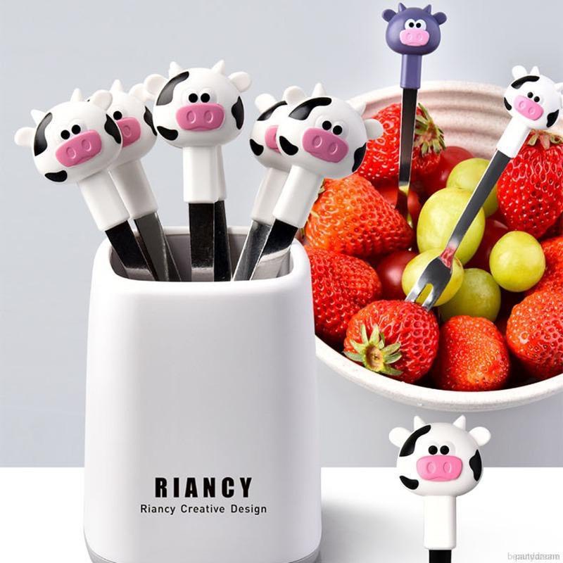 Set 6 nĩa ăn trái cây bằng thép không gỉ, hình dáng dễ thương+đế đựng chắn chắc phù hợp cho nhà bếp