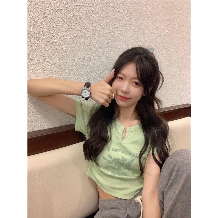 Áo thun ZHELIHANGFEI ngắn tay dáng ôm in họa tiết kiểu Mỹ dễ phối đồ