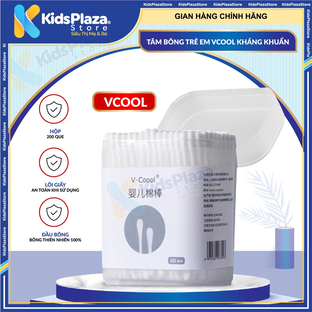 Tăm Bông Trẻ Em Kháng Khuẩn V-Cool - Ngoáy Tai/Mũi - Hộp 200 Que Lõi Giấy